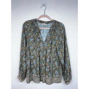 Faherty Block Print Blouse Green Blue Yellow Floral Button Front Viscose Small